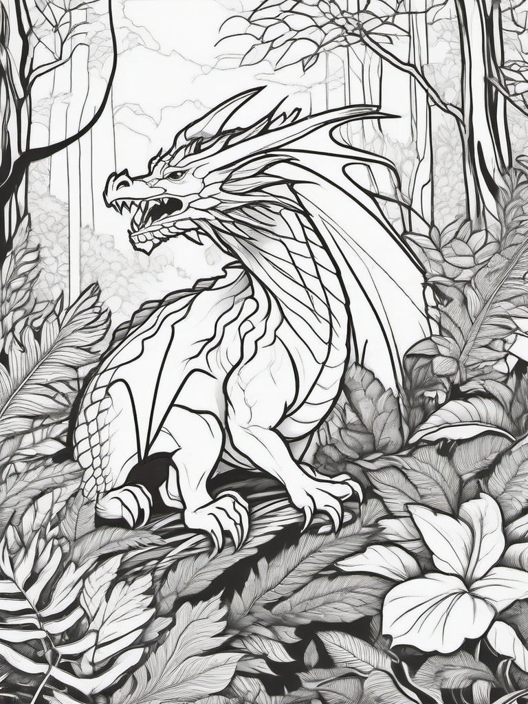 Dragon in a Forest Coloring Pages - Creature Roaming Through Lush Greenery  minimal black outline printable sheet, coloring page