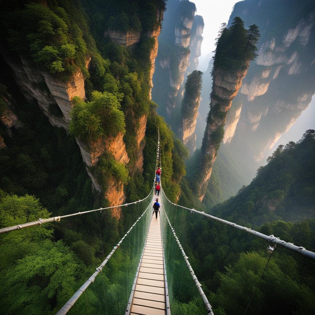 zhangjiajie national forest park, china - takes a thrilling glass bridge walk over the abyss. 