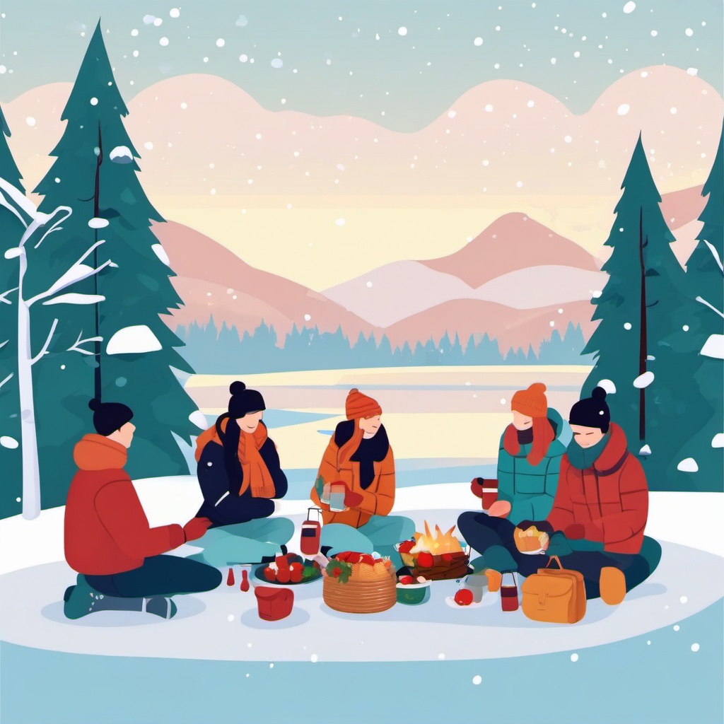 Winter Picnic Fun clipart - Friends having a snowy picnic, ,vector color clipart,minimal