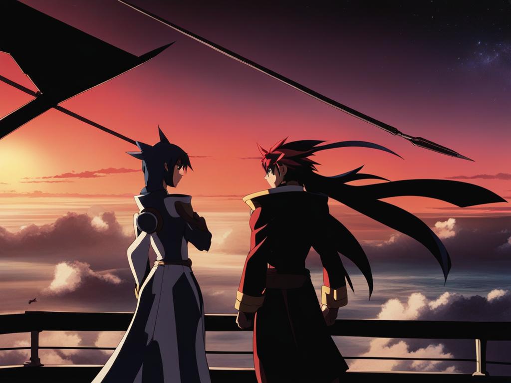 simon and kamina stand defiantly on the deck of their mecha, the gurren lagann. 