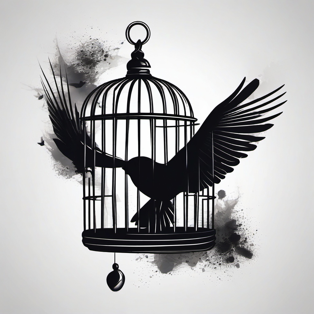 Cage And Bird Tattoo - Bird flying from cage  minimal tattoo design, white background