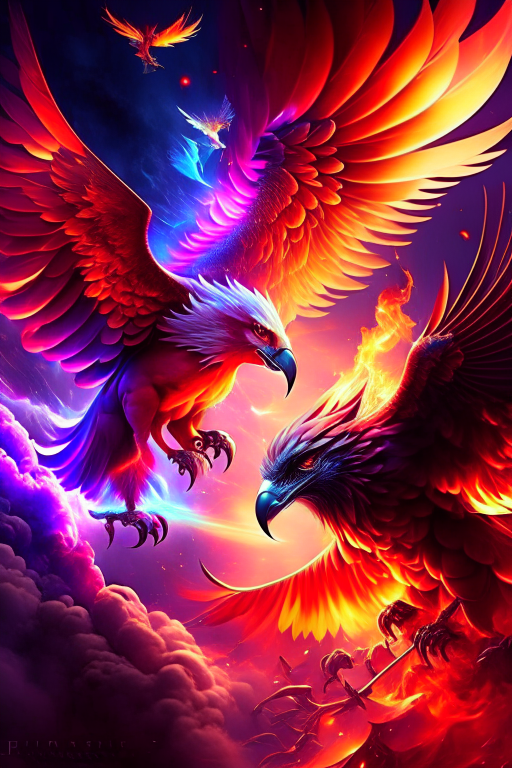 phoenix vs griffin - aerial duel amidst the blazing skies, feathers and flames creating a dazzling display. 