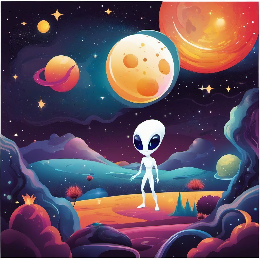 Alien in a cosmic scene clipart.  vector style illustration, white background