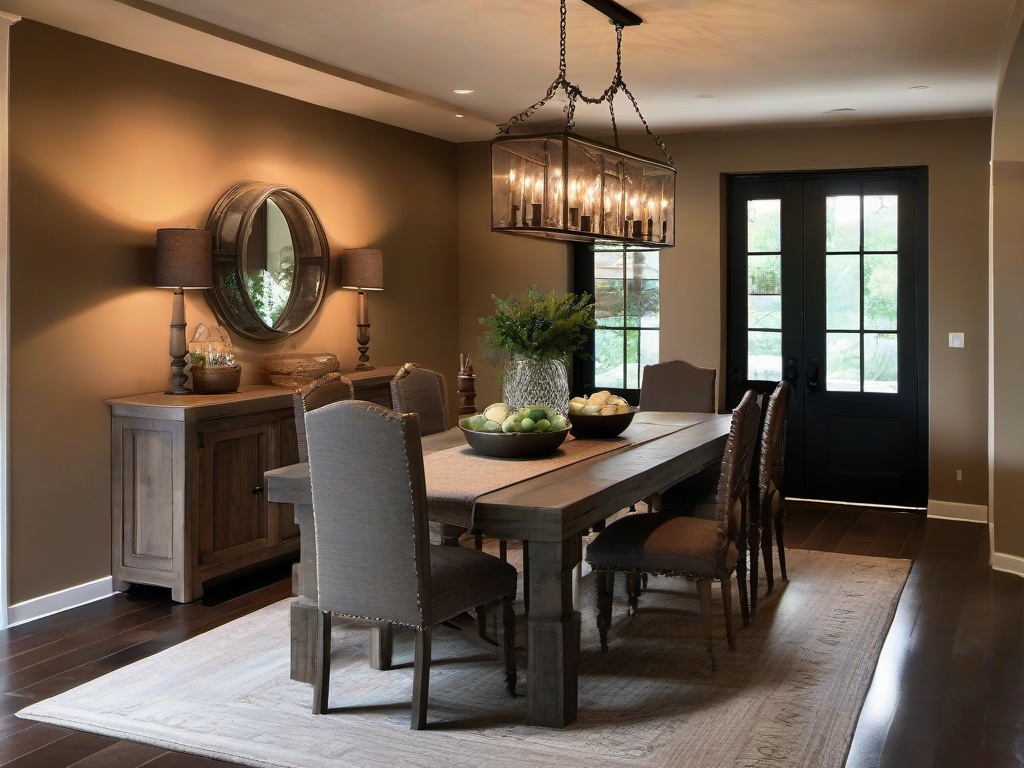 Tuscan-style dining room with a Restoration Hardware wrought iron chandelier, Shaw Floors terracotta tile, and Crate & Barrel rustic wood dining set.  