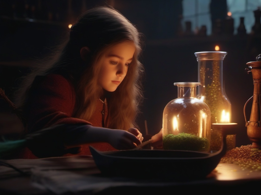 Young witch's magical experiments with potion ingredients lead to an accidental summoning of an enchanted broomstick.  8k, hyper realistic, cinematic