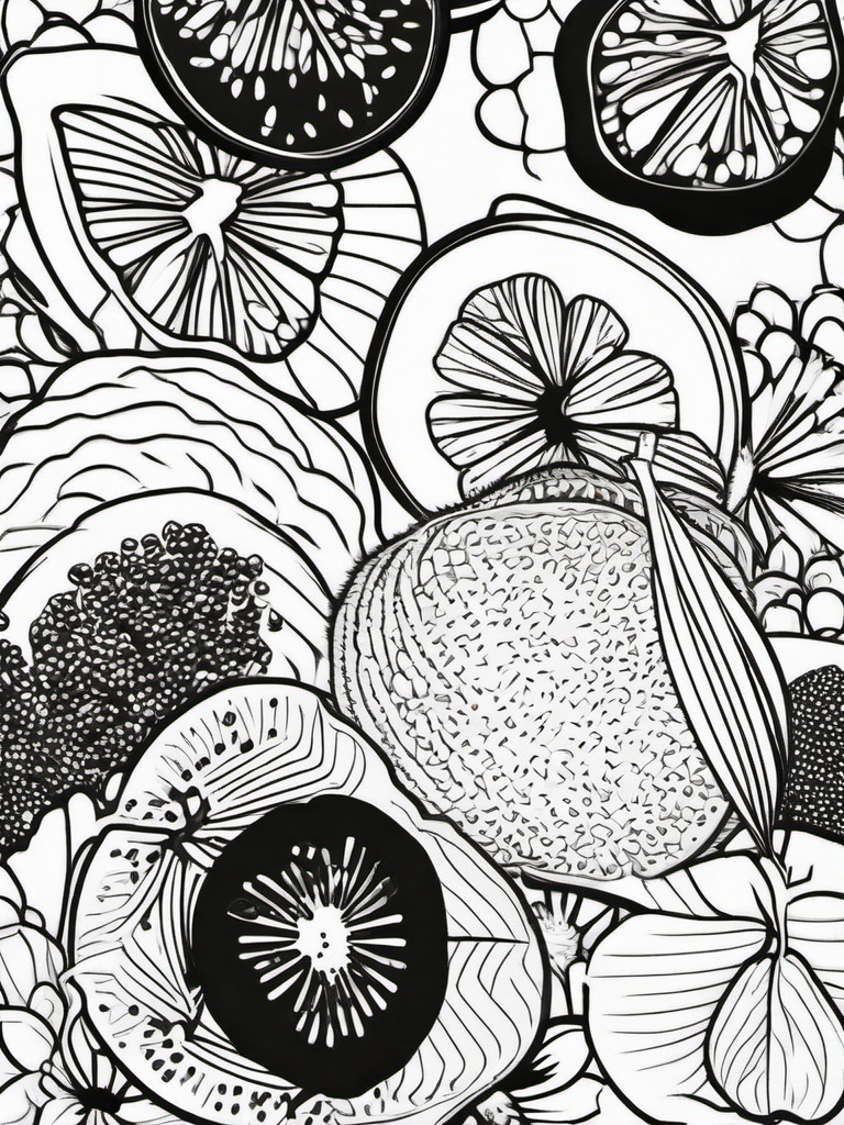 Fruit Coloring Pages - Kiwi with seeds and fuzzy texture  simple coloring pages