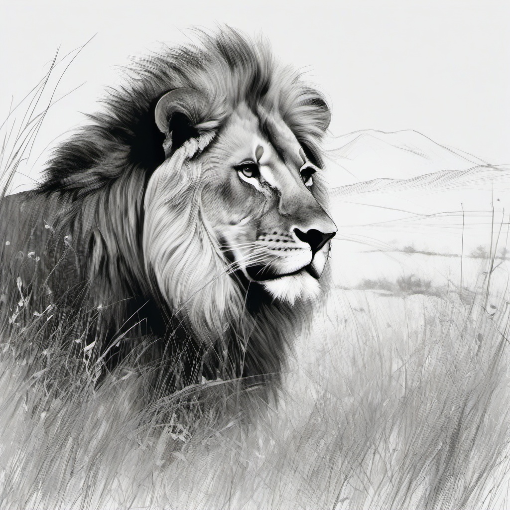 drawing of a lion in meadow  minimal rough sketch scribbles,doodles,black and white