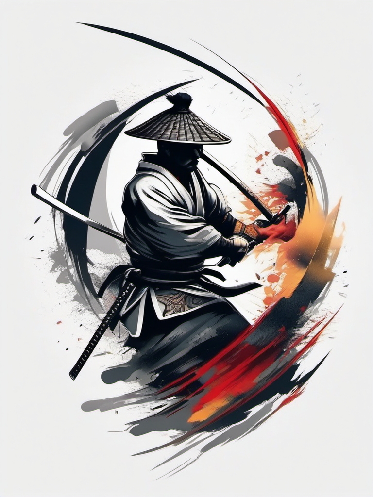 Abstract samurai tattoo breaking free in artistic expression.  color tattoo,minimalist,white background