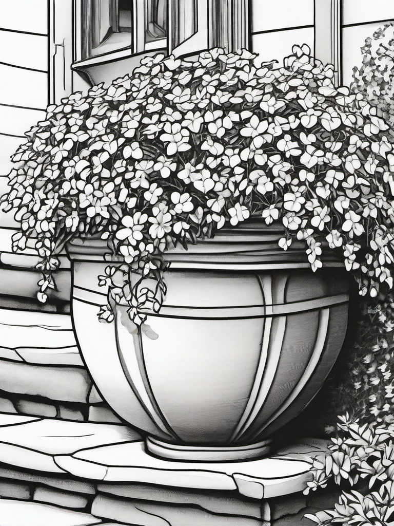 Lobelia coloring page sheet - Lobelia flowers cascading over the edge of a stone planter.  black outline printable coloring page