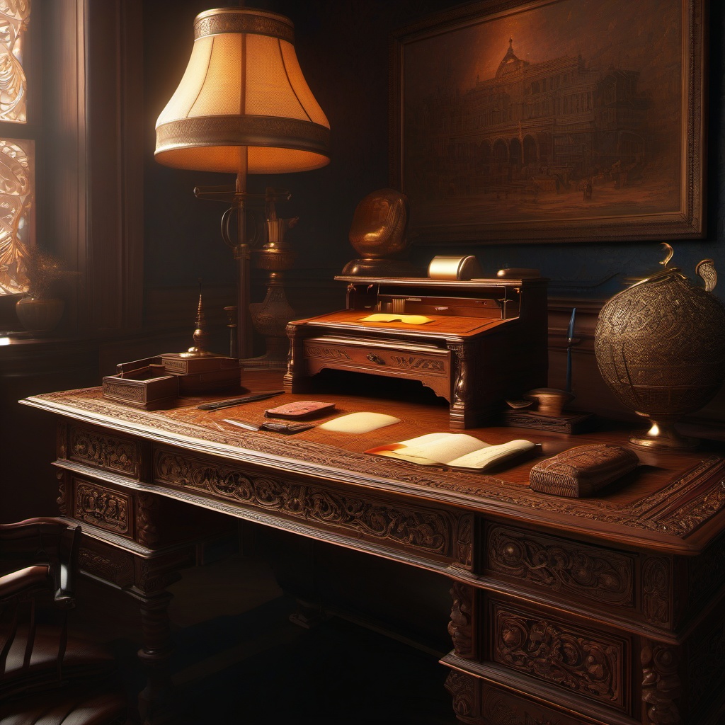 Antique Desk - An antique desk with intricate carving and a leather writing surface hyperrealistic, intricately detailed, color depth,splash art, concept art, mid shot, sharp focus, dramatic, 2/3 face angle, side light, colorful background