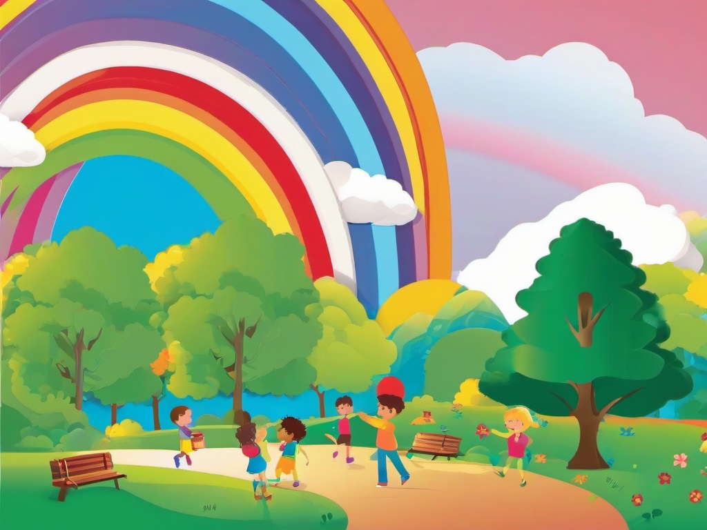 Rainbow clipart - rainbow over a park with children playing  