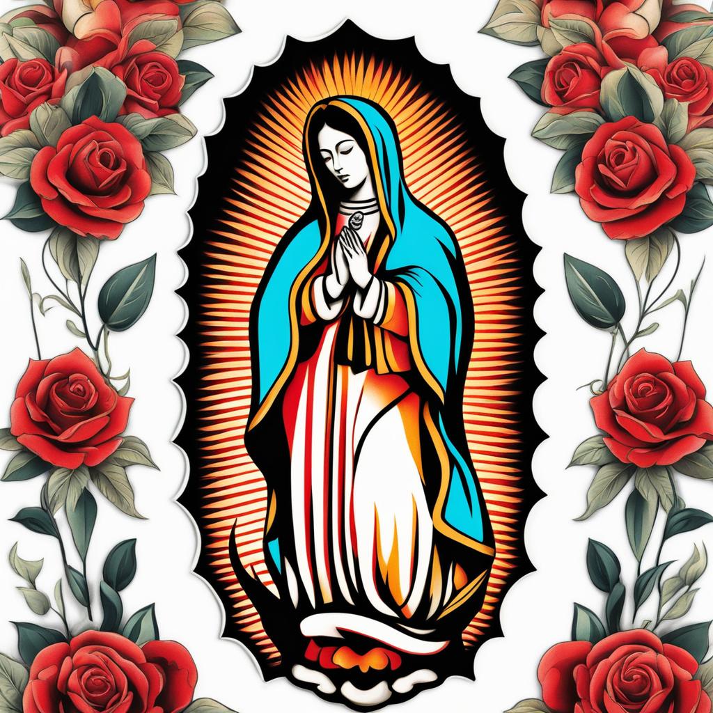 Virgen de Guadalupe tattoo, Tattoos inspired by the iconic Virgen de Guadalupe imagery. , color tattoo design, clean white background