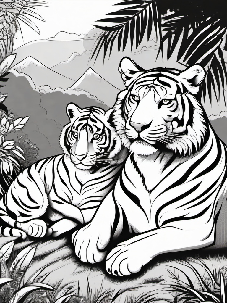 Tiger Coloring Pages - Tiger family lounging in the sun  simple coloring pages