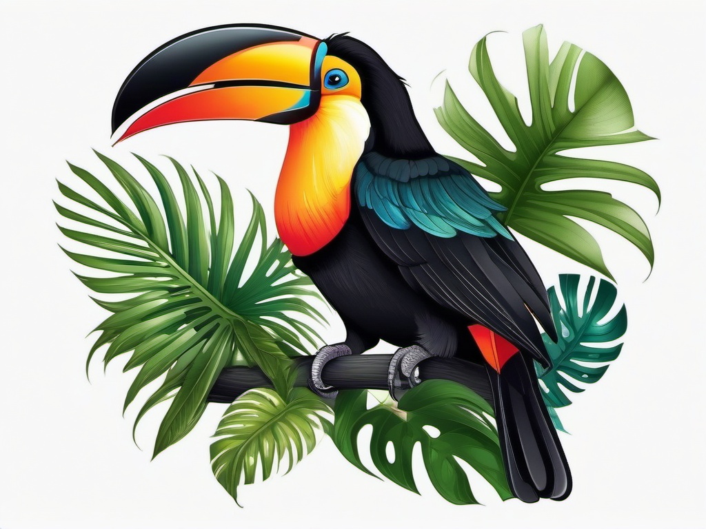 Toucan Tattoo - Toucan sitting in a tropical rainforest canopy  color tattoo design, clean white background