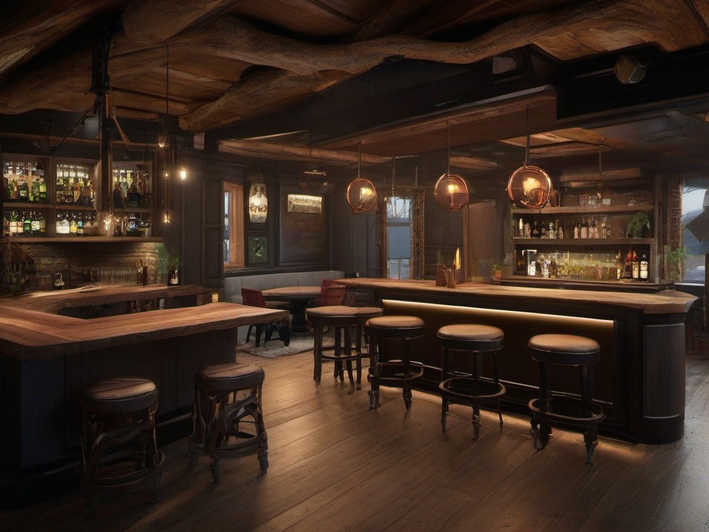 In the bar room, Post-Apocalyptic interior design includes rugged materials, mismatched seating, and creative decor that create an inviting environment for socializing and celebration.  