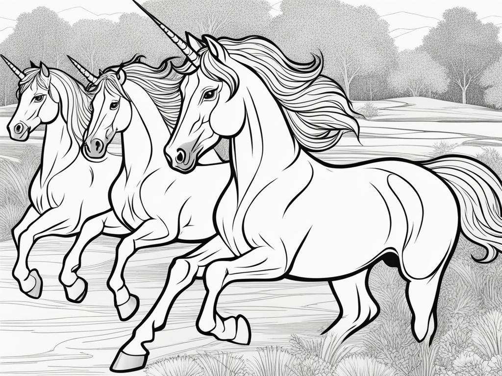 unicorn coloring pages - wild unicorn racing alongside a herd of galloping horses, its spirit untamed and free. 