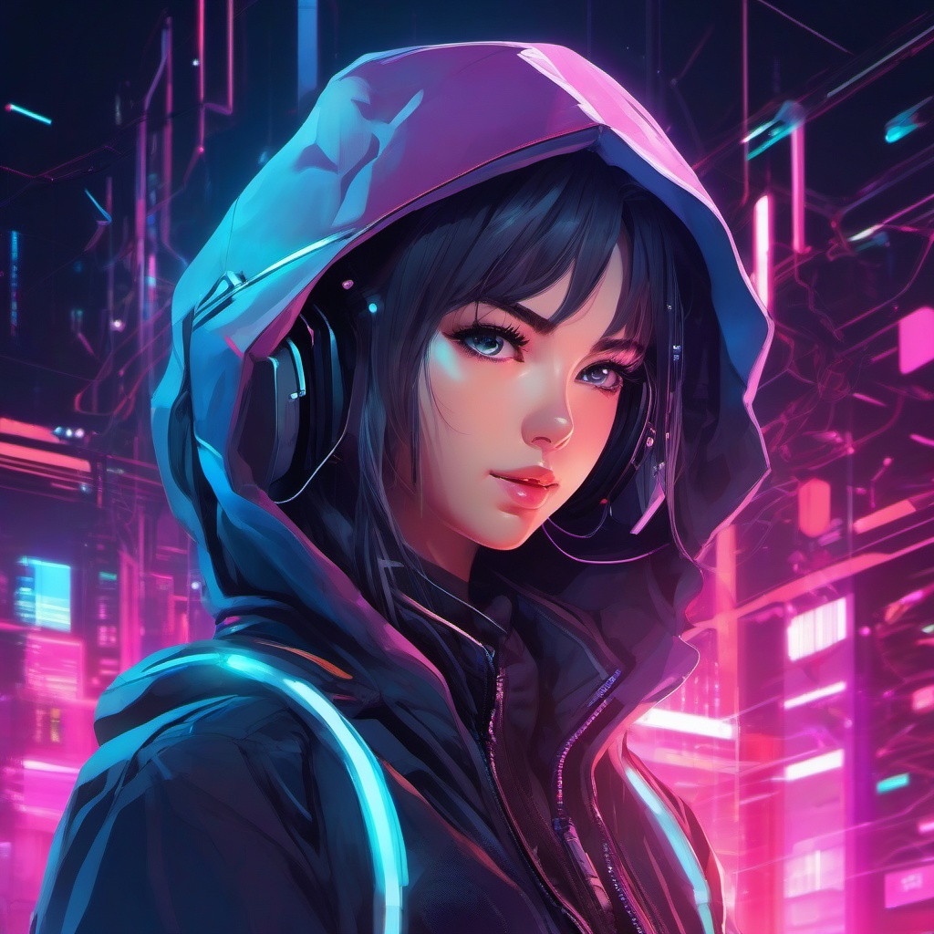 Futuristic cyber-hacker, in a digital realm, infiltrating virtual systems and unlocking hidden secrets.  front facing ,centered portrait shot, cute anime color style, pfp, full face visible