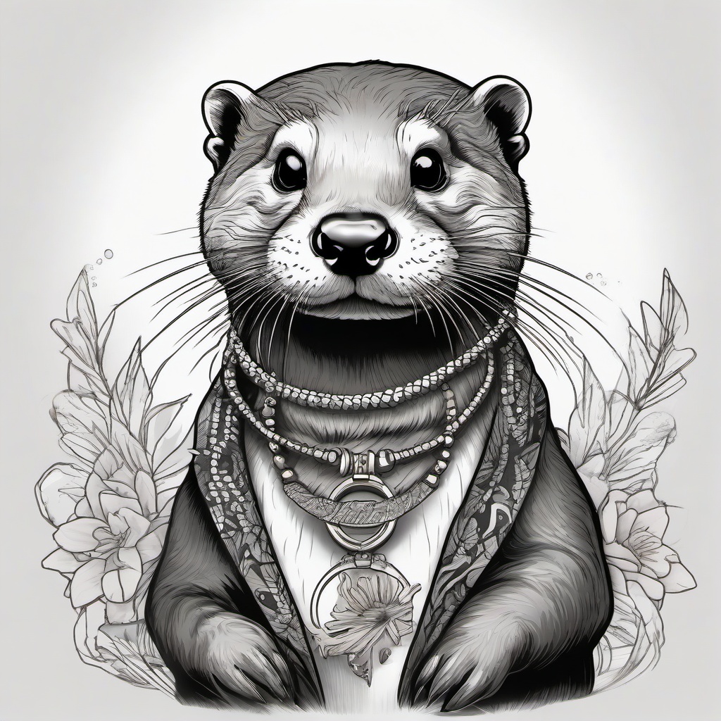 otter with a necklace  ,tattoo design, white background