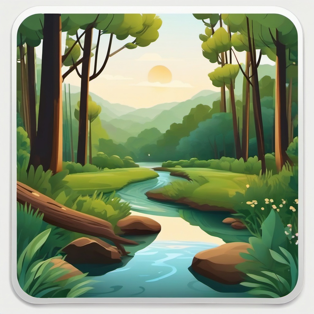 Gentle River Flowing through Forest Emoji Sticker - Serene watercourse in a woodland haven, , sticker vector art, minimalist design