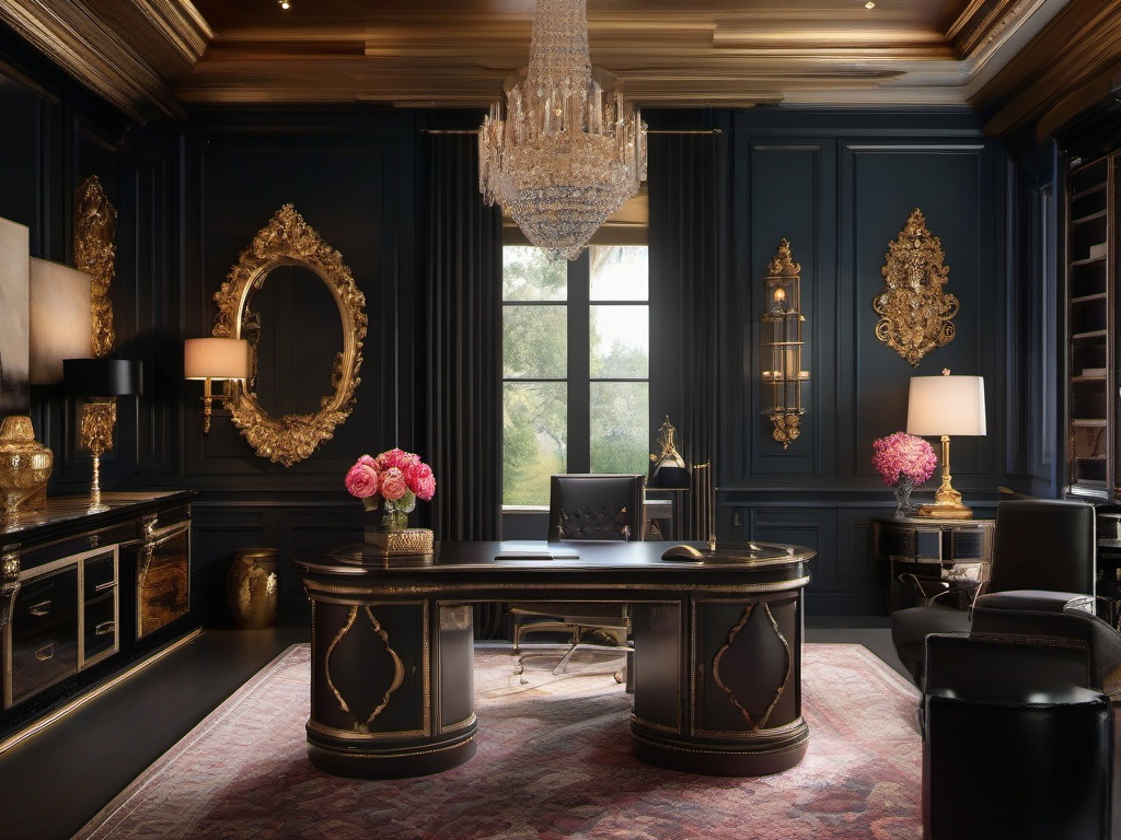 Baroque home office embraces rich colors, ornate details, and luxurious finishes that create a dramatic and sophisticated environment for work.  