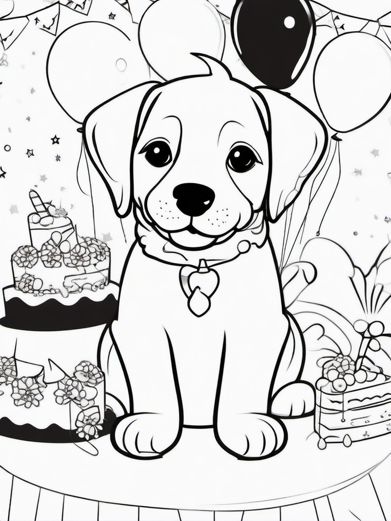 Puppy with Balloons and Cake Coloring Pages - Festive Puppy Ready for a Party  minimal black outline printable sheet, coloring page