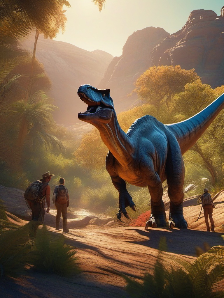 Group of travelers stumbles upon hidden valley where dinosaurs still roam. hyperrealistic, intricately detailed, color depth,splash art, concept art, mid shot, sharp focus, dramatic, 2/3 face angle, side light, colorful background