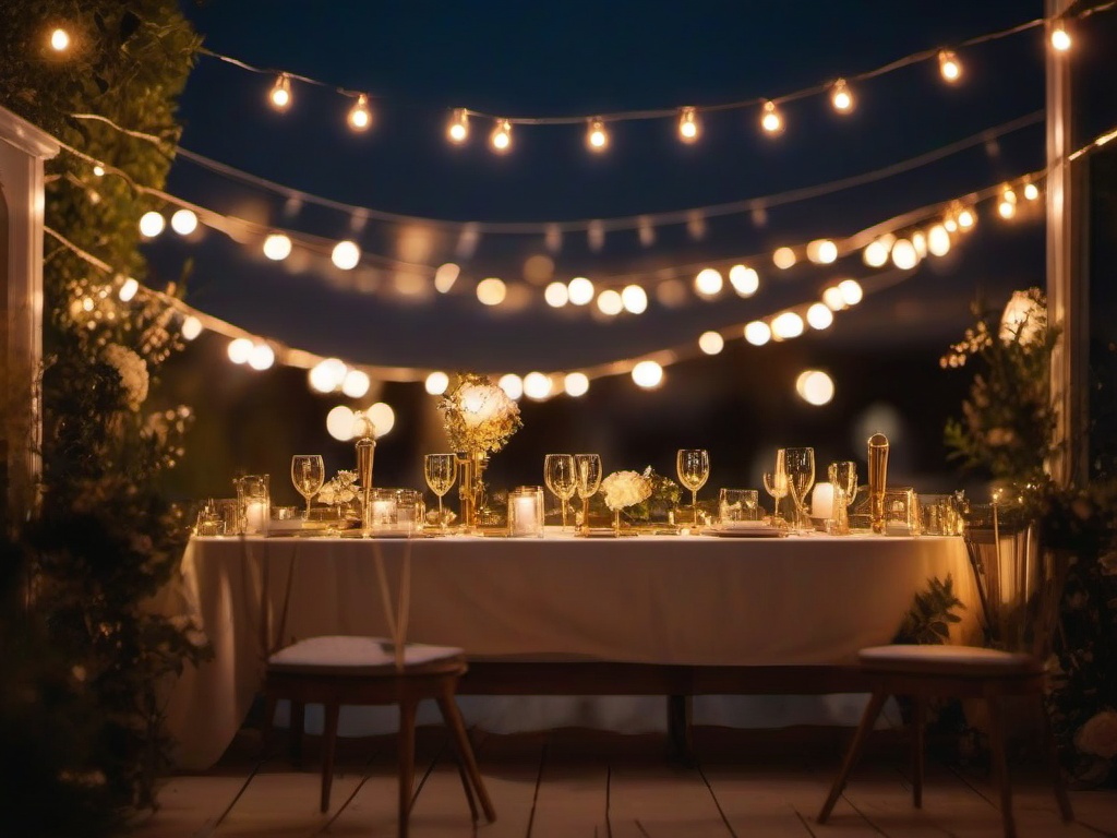 Happy Anniversary image - Romantic lights strung above table with Happy Anniversary in gold text  aesthetic pictures photo