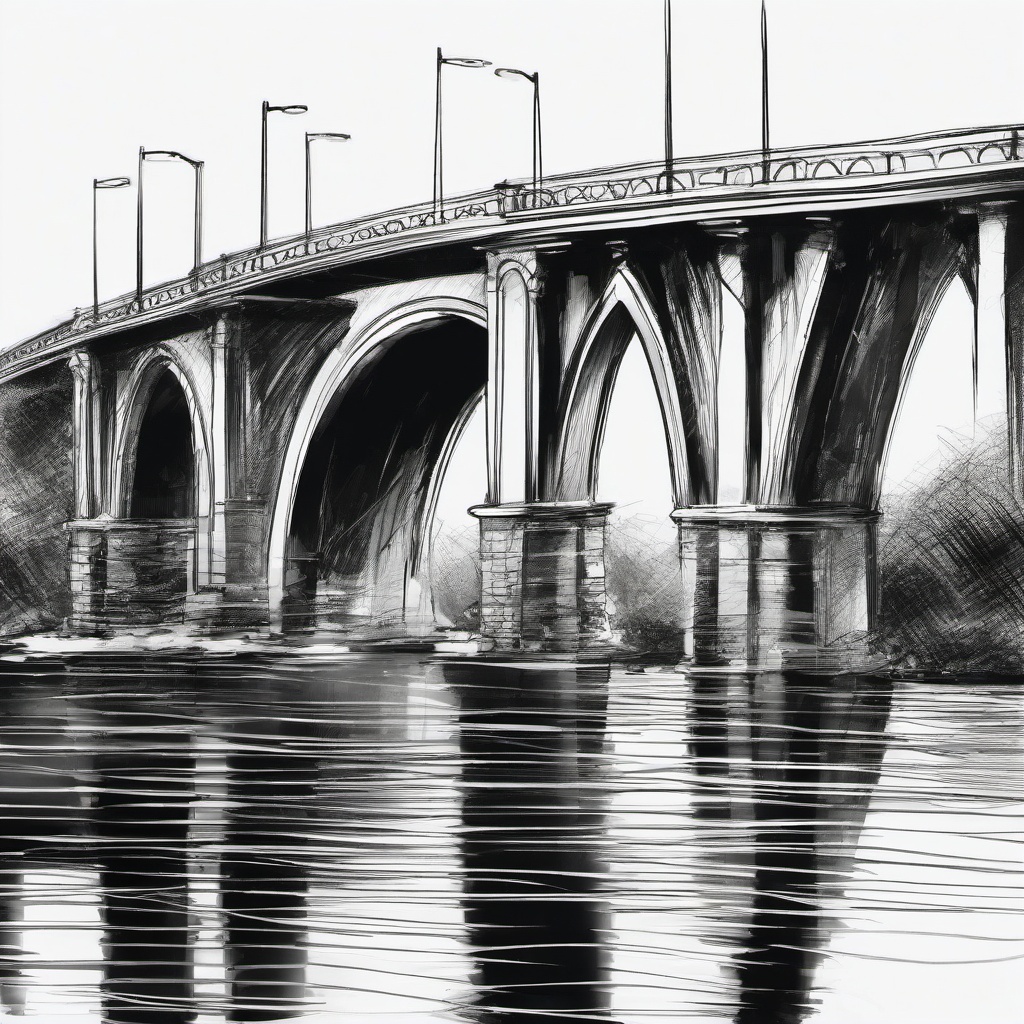 drawing of a bridge with arches over water  minimal rough sketch scribbles,doodles,black and white