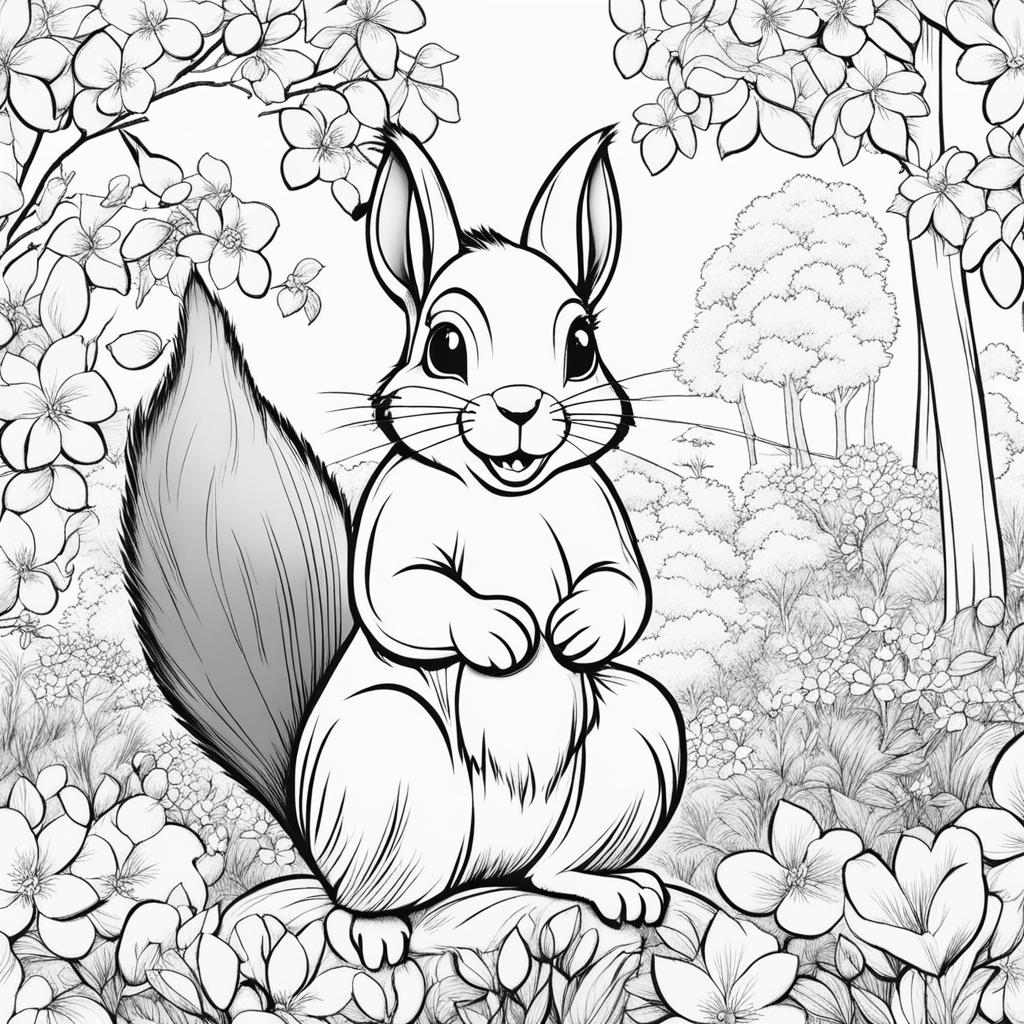 spring coloring pages - a squirrel gathers nuts in a blooming spring forest. 