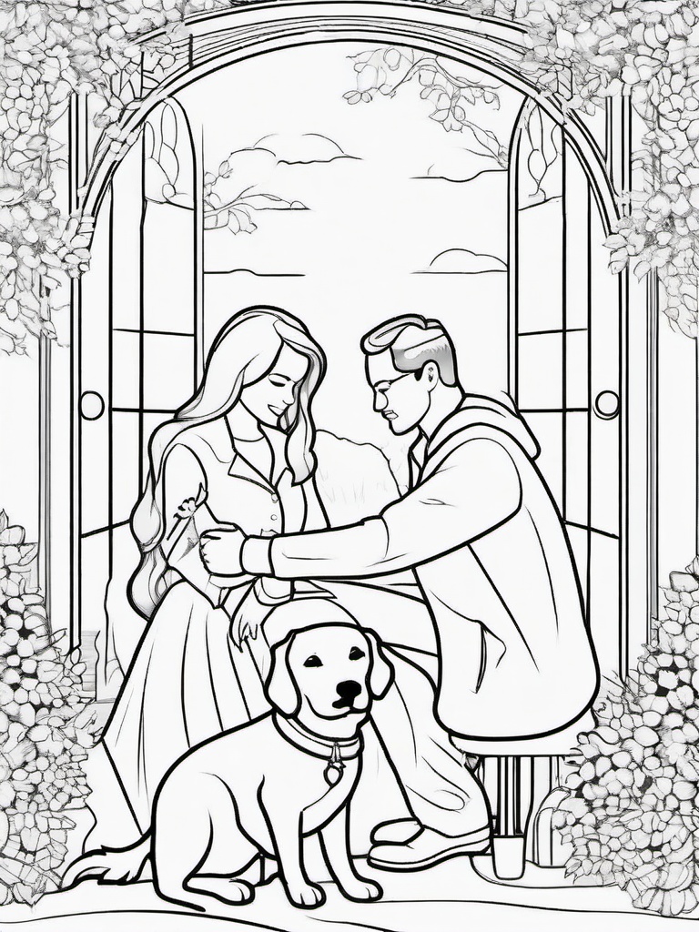 Dog and Family Coloring Pages - Loving Scene with Family and Dog  minimal black outline printable sheet, coloring page