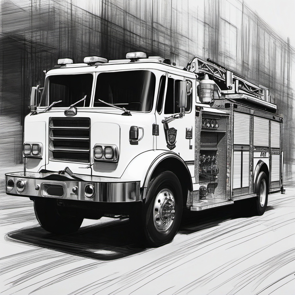 drawing of a fire truck  minimal rough sketch scribbles,doodles,black and white