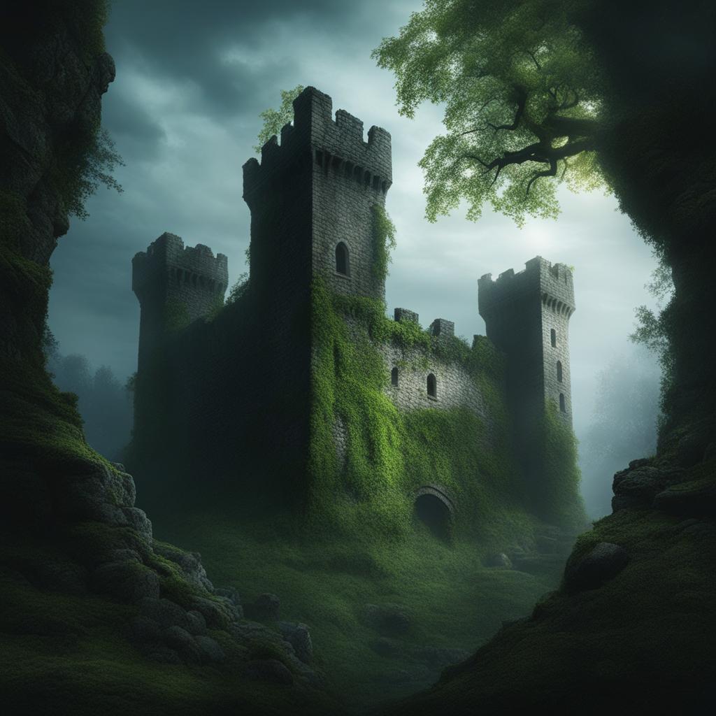 cursed castle ruins - capture the eerie beauty of cursed castle ruins with ivy-covered walls and eerie specters. 