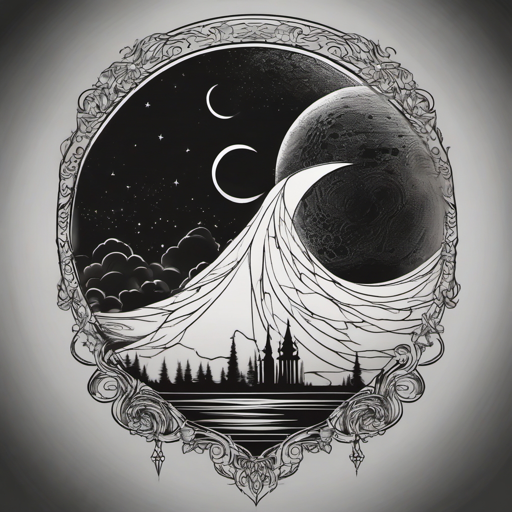 The hexed moon rises, leaving its mark in a tattoo.  black and white tattoo style