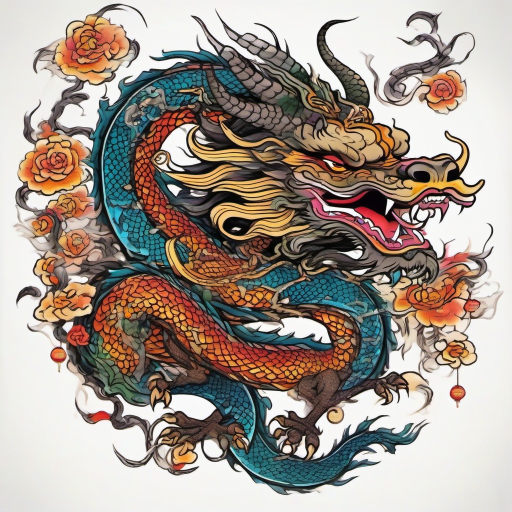 chinese style dragon full color on top, ram face horoscope style down the dragon on black and withe.  ,tattoo design, white background