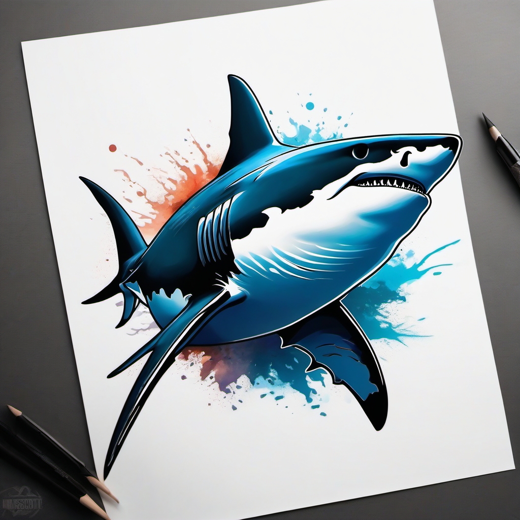 Great White Shark tattoo,A majestic Great White, prowling through the depths with awe-inspiring power.  color tattoo style, minimalist, white background