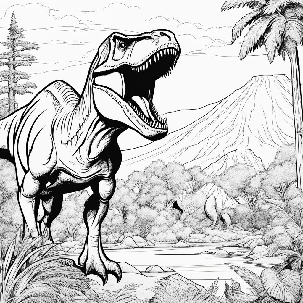 dinosaur coloring pages - a t-rex stands tall, roaring in a prehistoric landscape. 