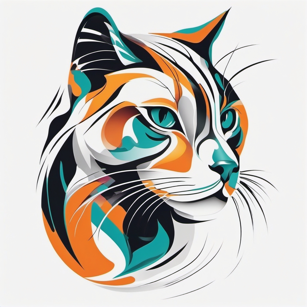 Abstract cat with fluid lines, capturing the essence of movement and agility in a modern and dynamic design.  colored tattoo style, minimalist, white background