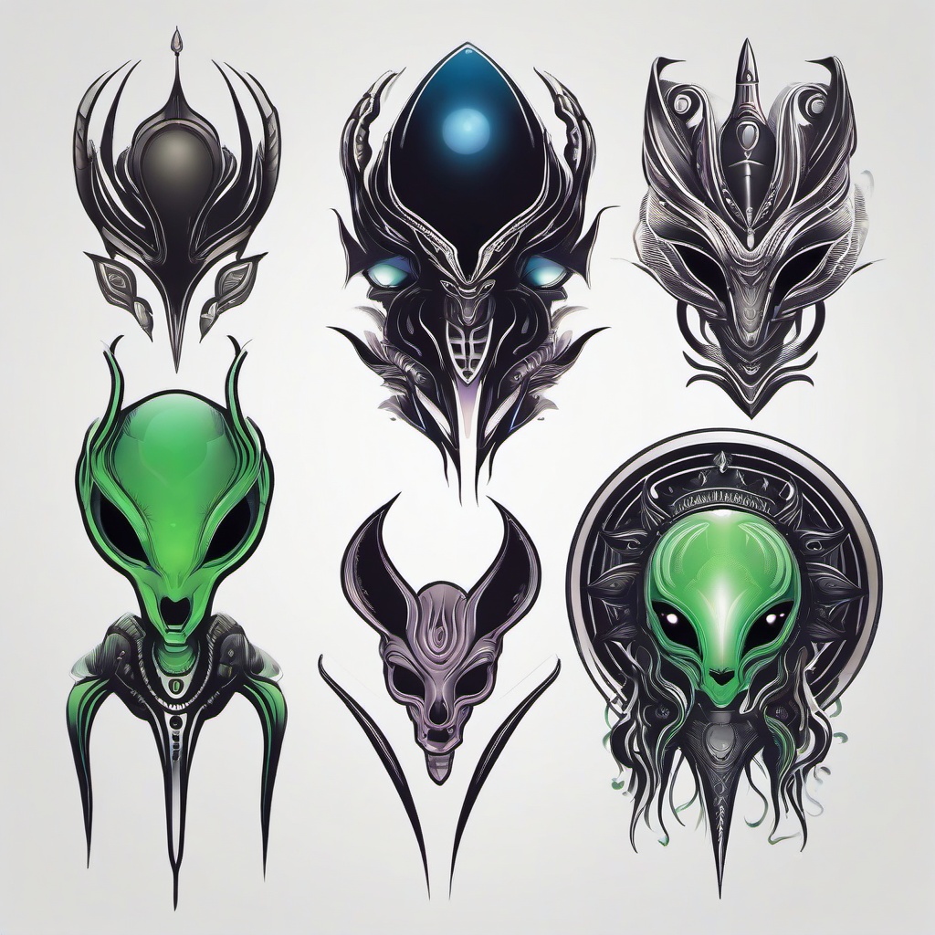 Small Alien Tattoo Designs - Explore detailed designs in small and subtle alien-themed tattoos.  simple color tattoo,vector style,white background