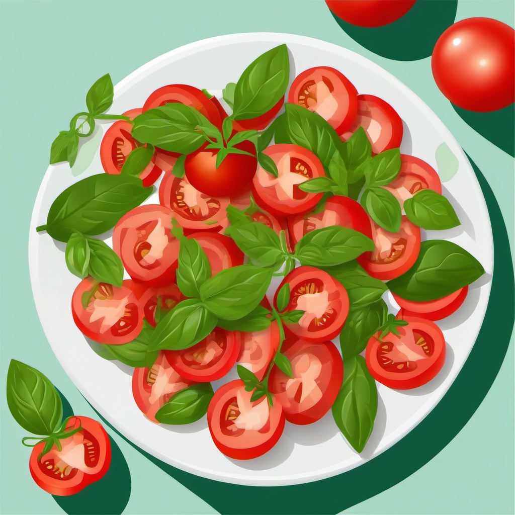 Tomato Salad with Basil Clipart - A tomato salad with fresh basil leaves.  color vector clipart, minimal style