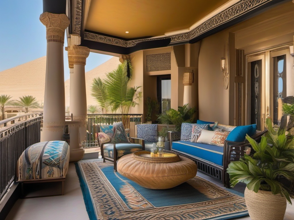 The balcony showcases Egyptian Revival interior design with bold outdoor furniture, patterned textiles, and decorative elements that create a captivating space for relaxation and gatherings.  