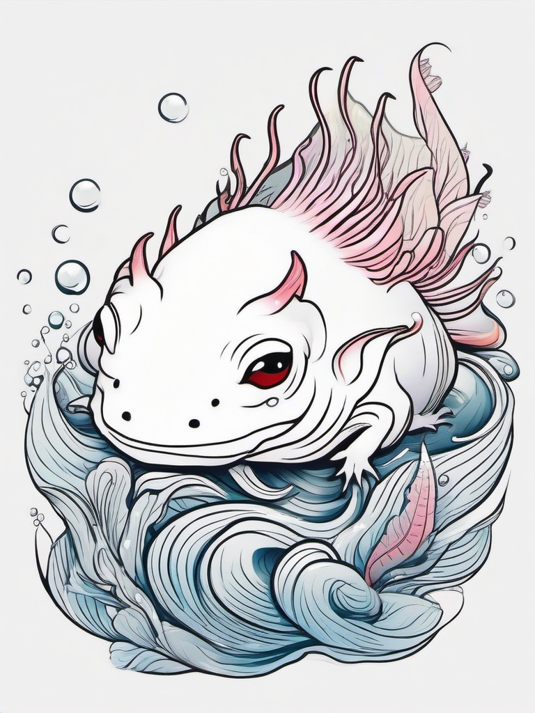 Axolotl Tattoo - Unique axolotl floating in the water, a symbol of regeneration  few color tattoo design, simple line art, design clean white background