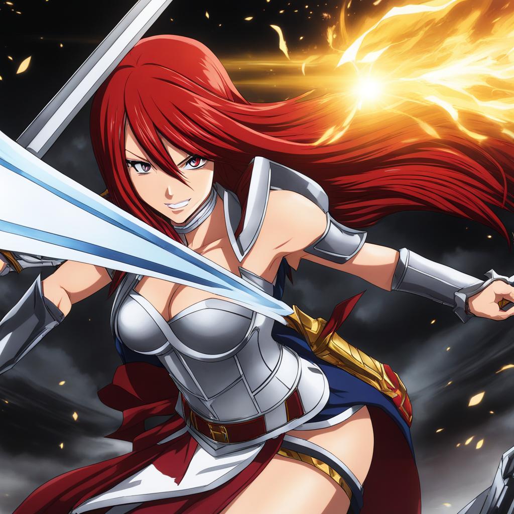 erza scarlet unleashes her requip magic, changing armor sets in the midst of battle. 