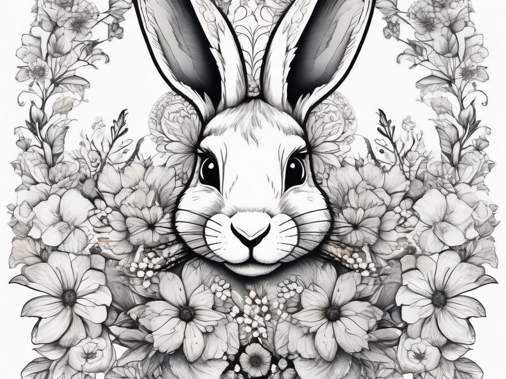 Rabbit adorned with mystical flowers ink. Whimsical blooms in art.  color tattoo, white background