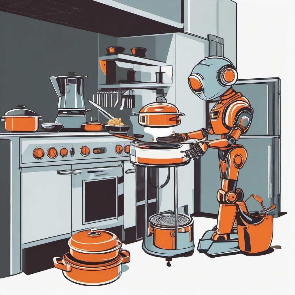 Robot cooking in the kitchen clipart.  vector style illustration, white background