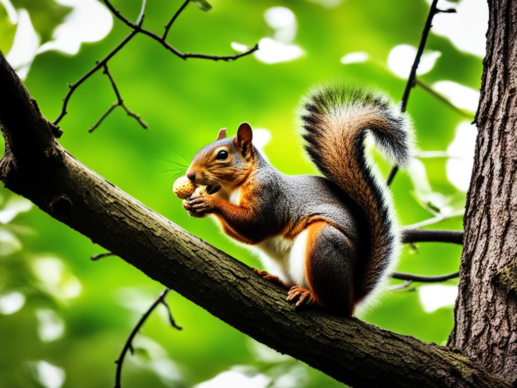 chubby squirrel munching on a peanut while perched on a tree branch. 