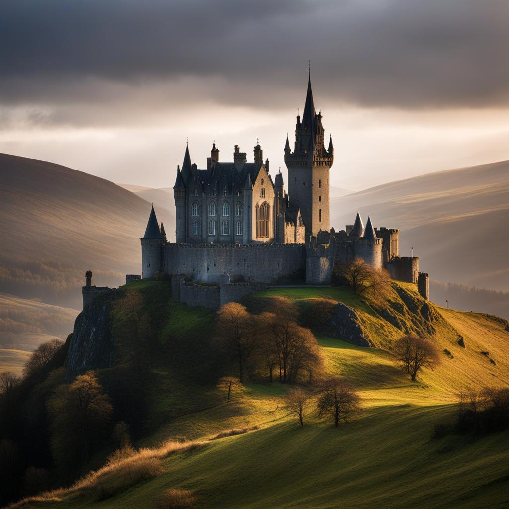 neo-gothic castles, with towering spires, loom over the misty highlands of scotland. 