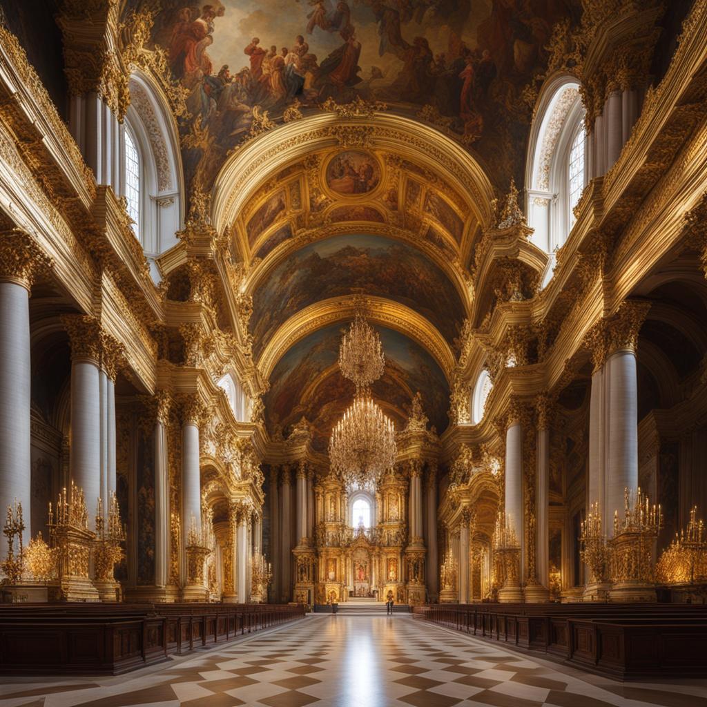 step into the ornate interior of a baroque cathedral, with gilded altars and intricate frescoes. 