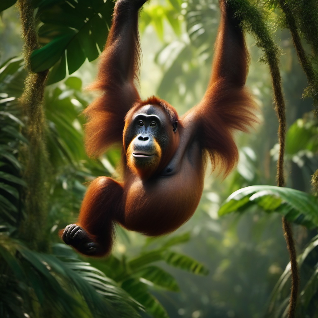 Cute Orangutan Swinging Through a Dense Jungle Canopy 8k, cinematic, vivid colors