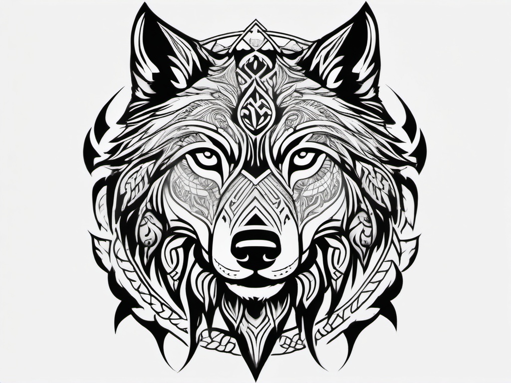 Viking Tattoo Wolf,Viking-themed wolf tattoo, embodying the fearless and intrepid Viking spirit. , tattoo design, white clean background