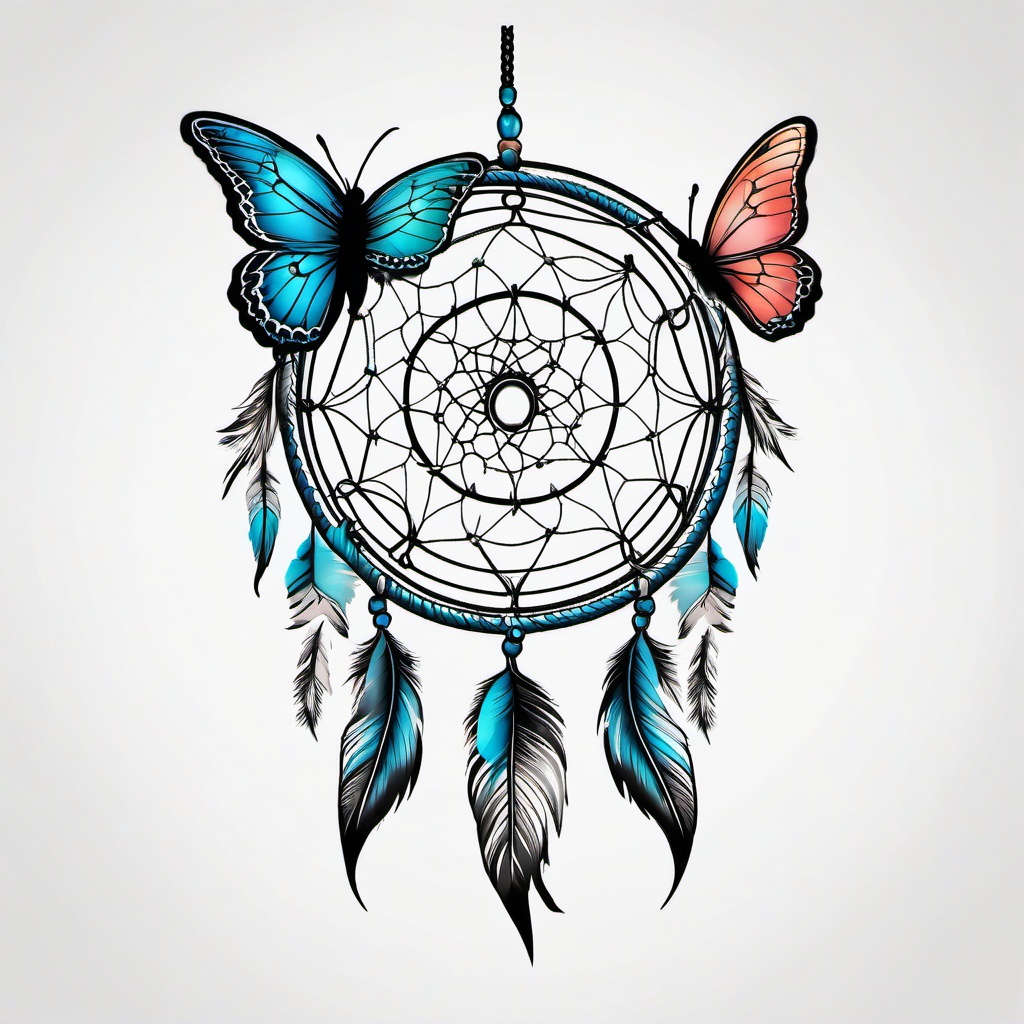 dreamcatcher with butterflies tattoo  simple color tattoo, minimal, white background